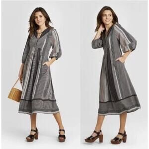 Universal Thread Small Striped Dress Long Gray Black 100% Rayon V Neck Midi